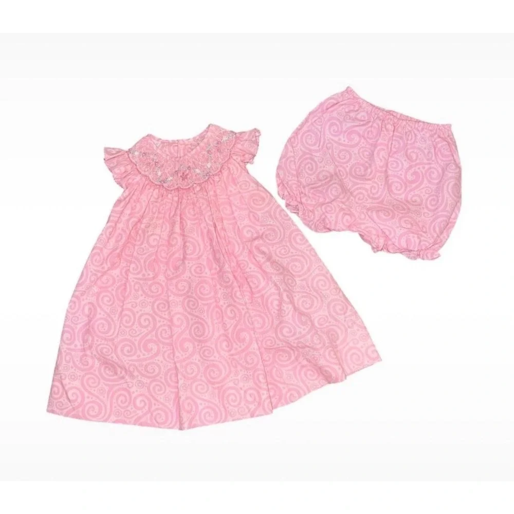 Petit Ami Baby 3 months smocked bishop dress set Pink Floral Dress Diaper Cover